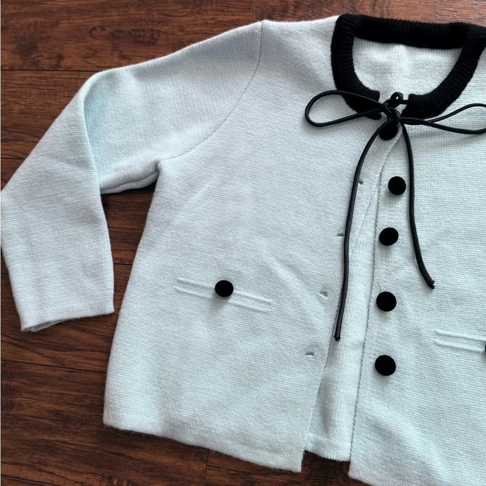 Vintage Knit Light Blue Secretary Style Cardigan with Bow Tie Front | Small